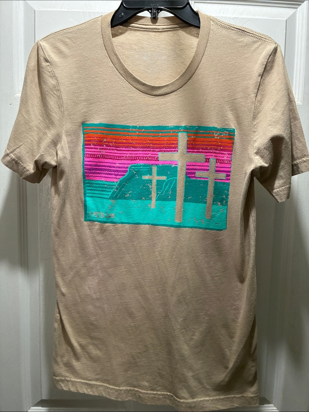 Crazy Train Tan Graphic Short Sleeve Tee with Turquoise, Pink and Orange Print